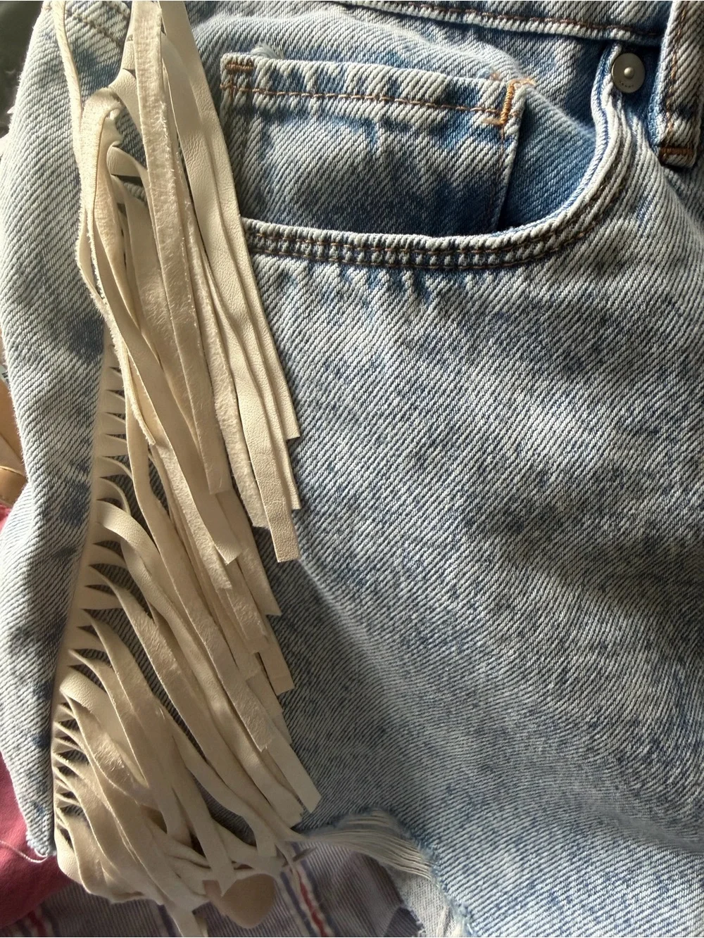 Blank NYC  the Barrow Light Wash Denim Shorts with White Fringe western festival